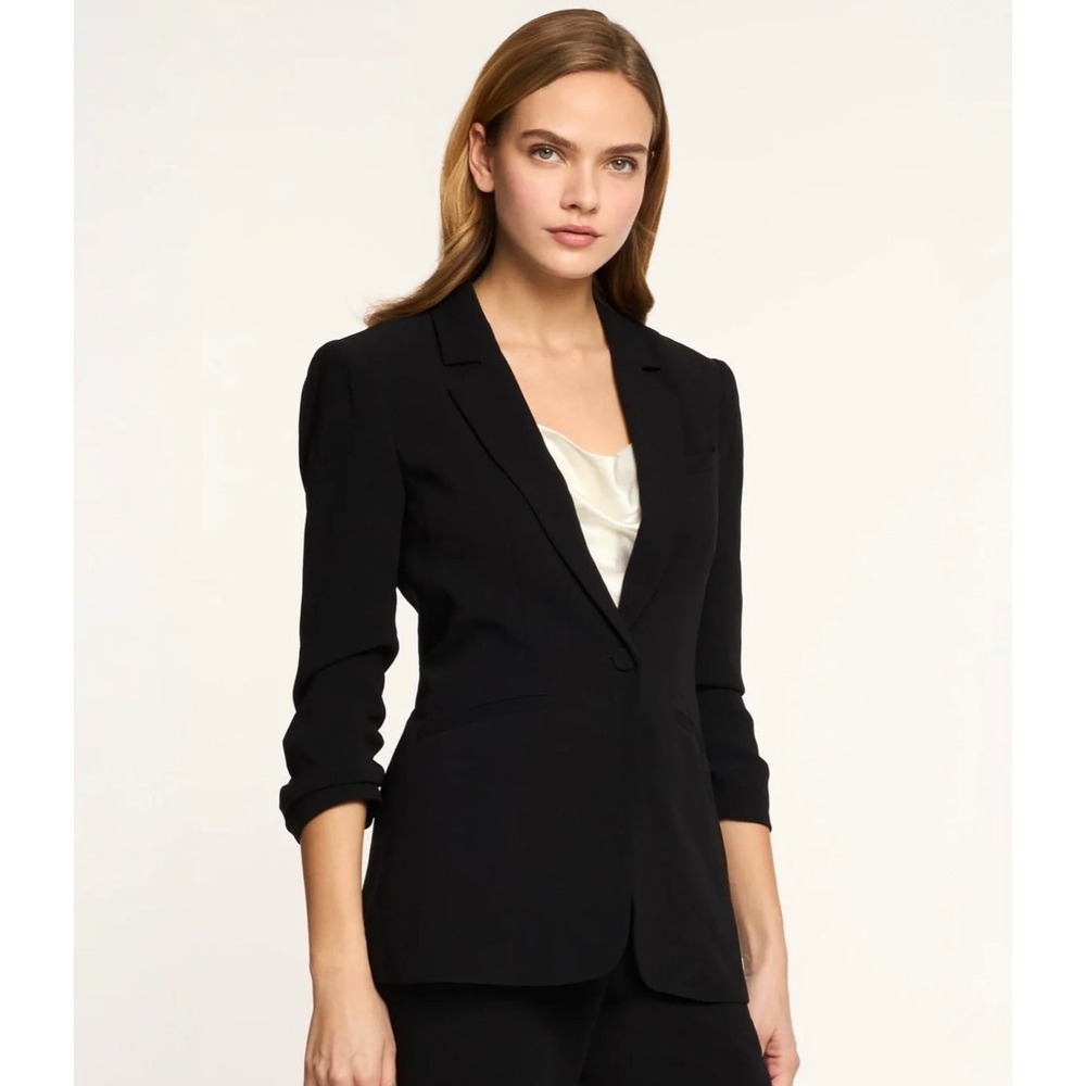 Cinq a Sept Khloe Ruched Sleeve Blazer Womens 10 Black Single Button Chic *Flaw
